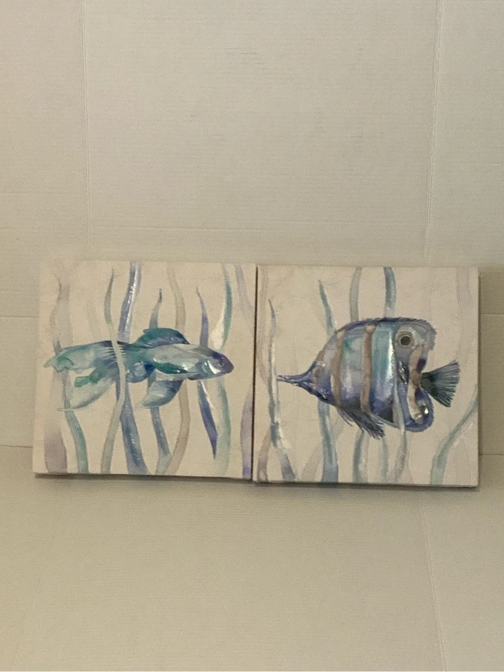 Blue Textured Watercolor Fish Canvas Pair 12”x12”. Shiny texture accents.